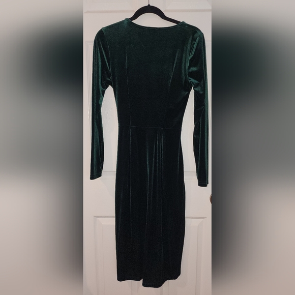 Green Velvet Wrap Dress, V-Neck Long Sleeve Midi, Holiday Party Dress, Women's M - Picture 4 of 7